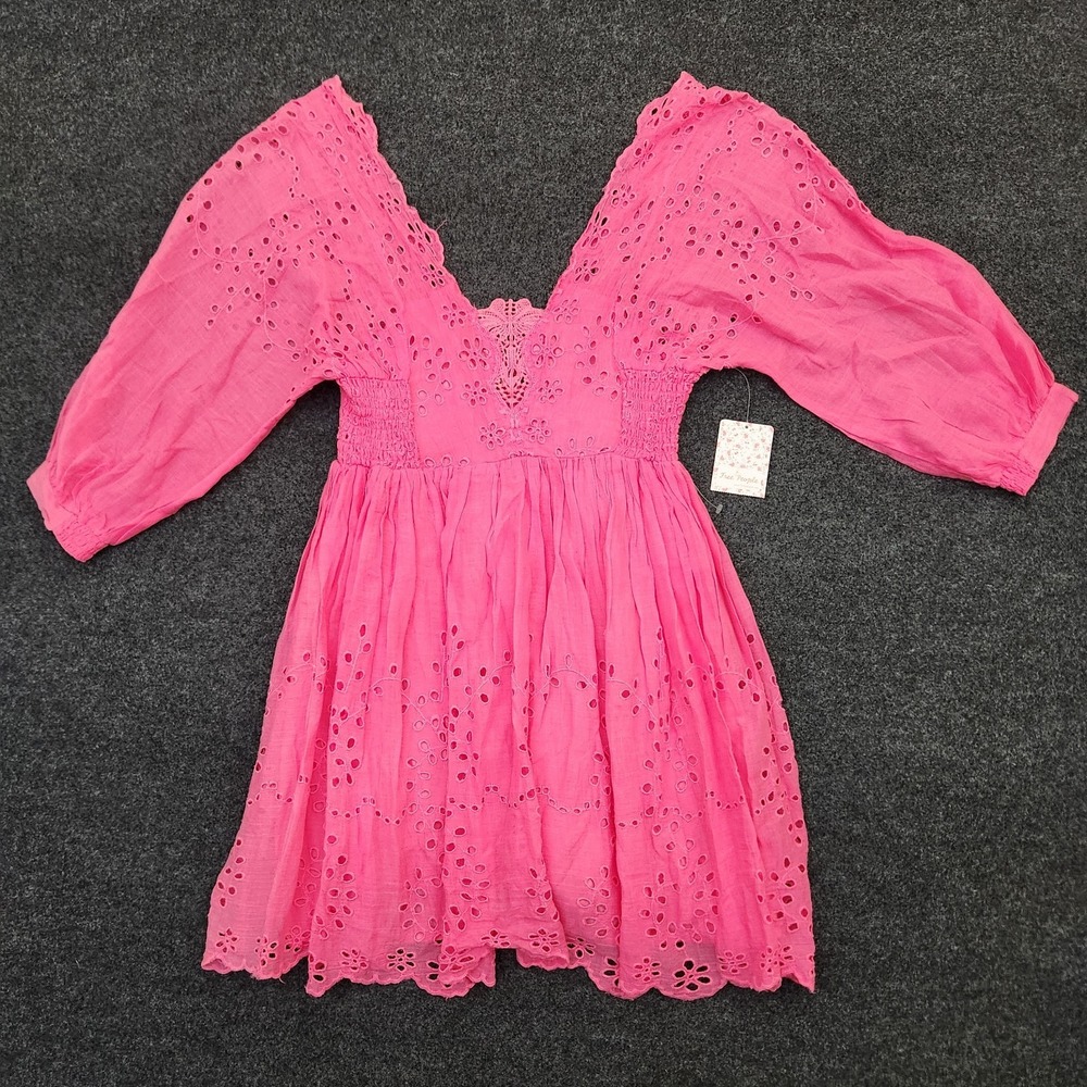 Free People Lottie Eyelet Lace Mini Dress Long Sleeve Pink Fizz Women's Small